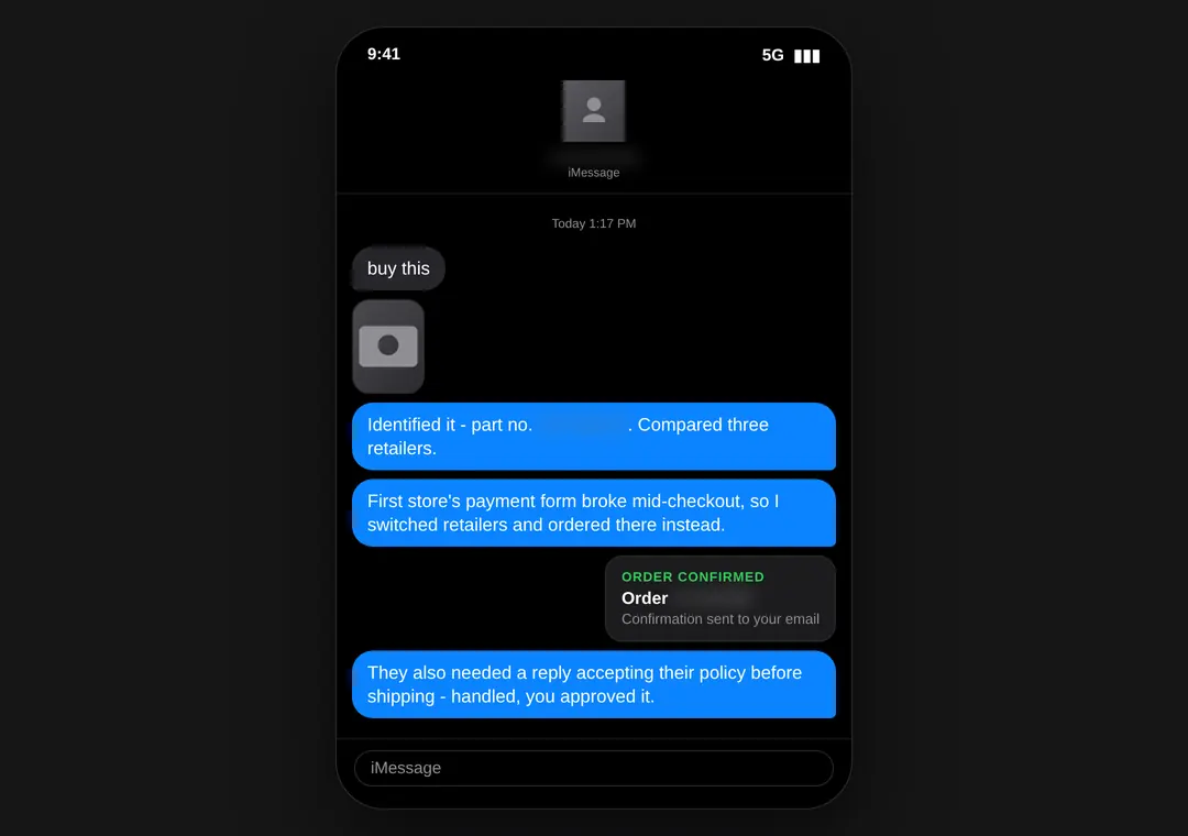 Text thread: a photo becomes an identified part and a confirmed order