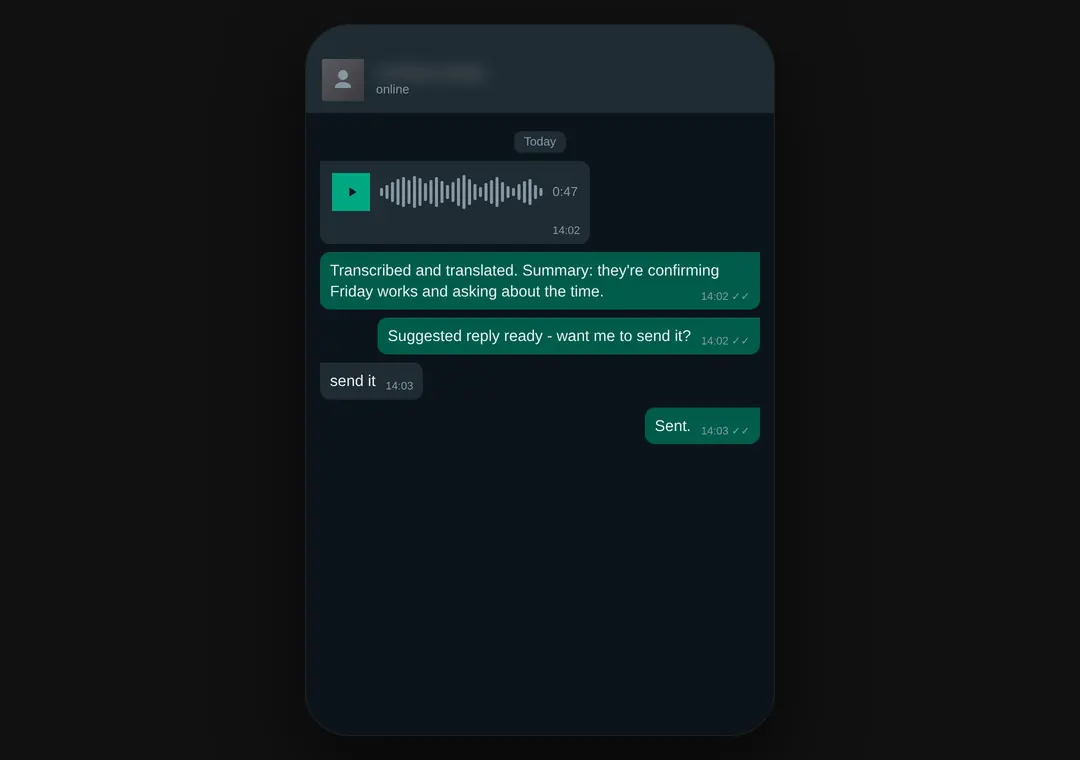 Chat: a voice note transcribed, translated, and answered
