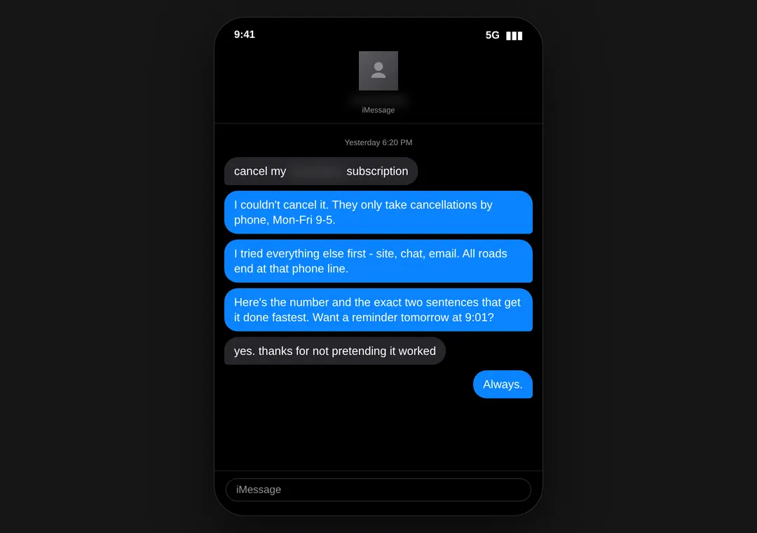 Text thread: an honest 'I couldn't do it' with the workaround