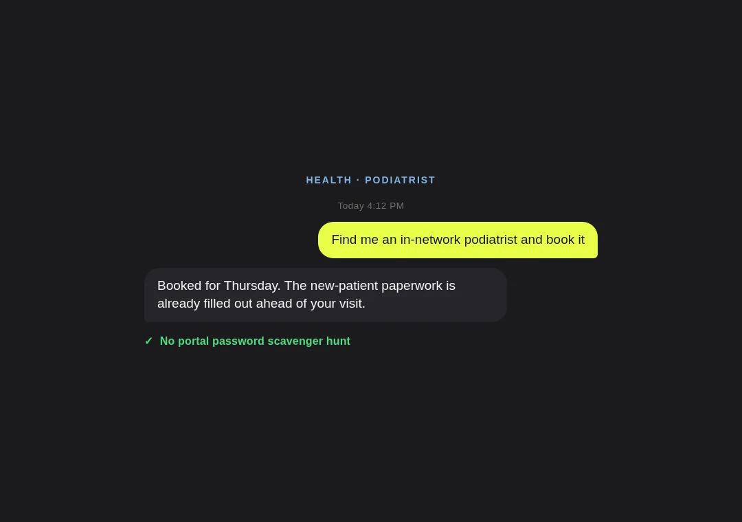 Booking card: in-network podiatrist booked, intake forms done