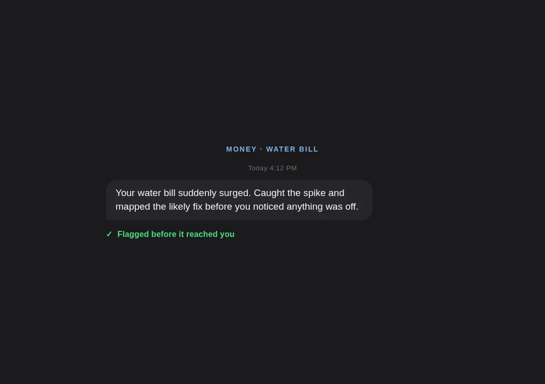 Alert card: water bill surge caught and mapped to a fix