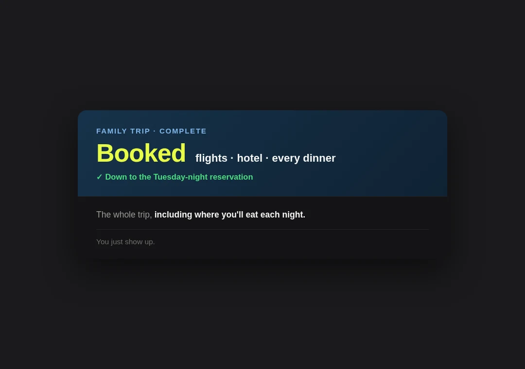 Trip card: full family trip booked including every dinner