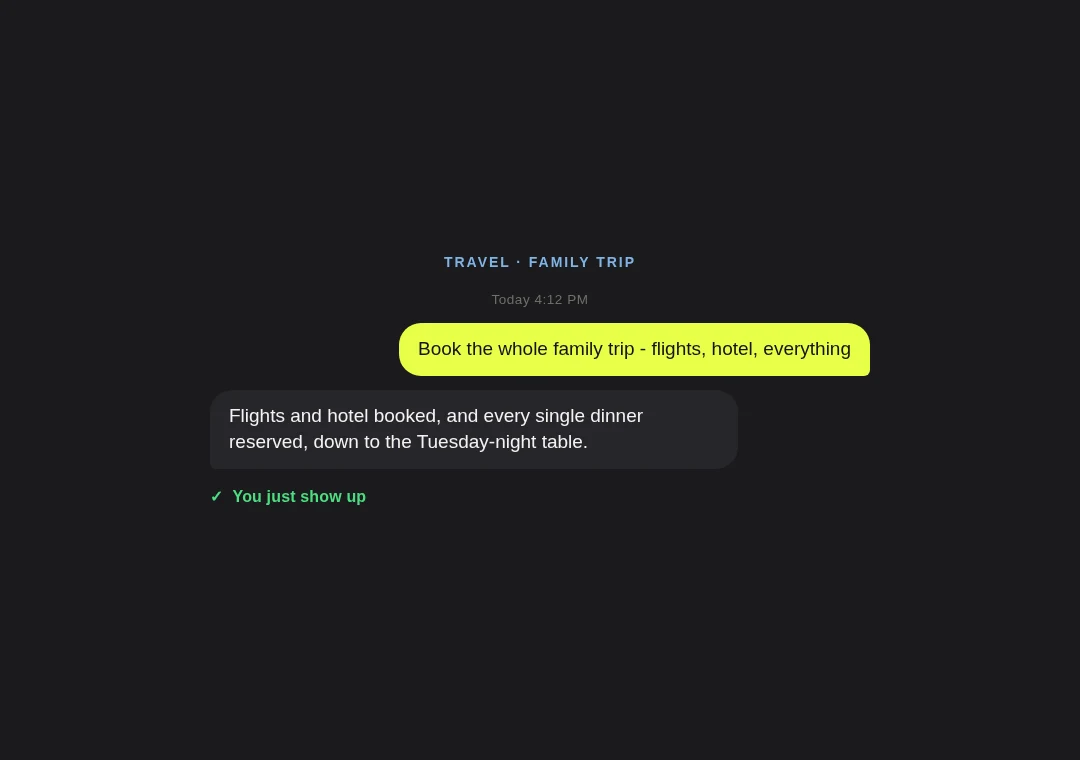 Trip card: full family trip booked including every dinner