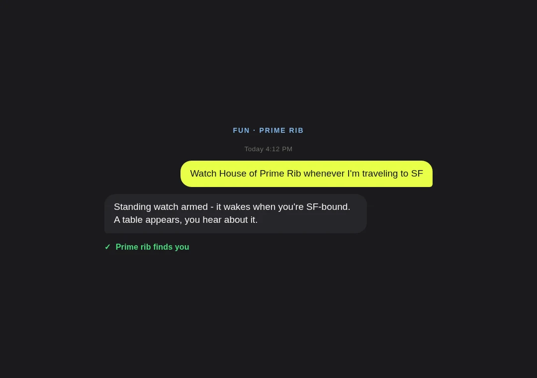 Watch card: standing prime rib reservation watch tied to SF trips