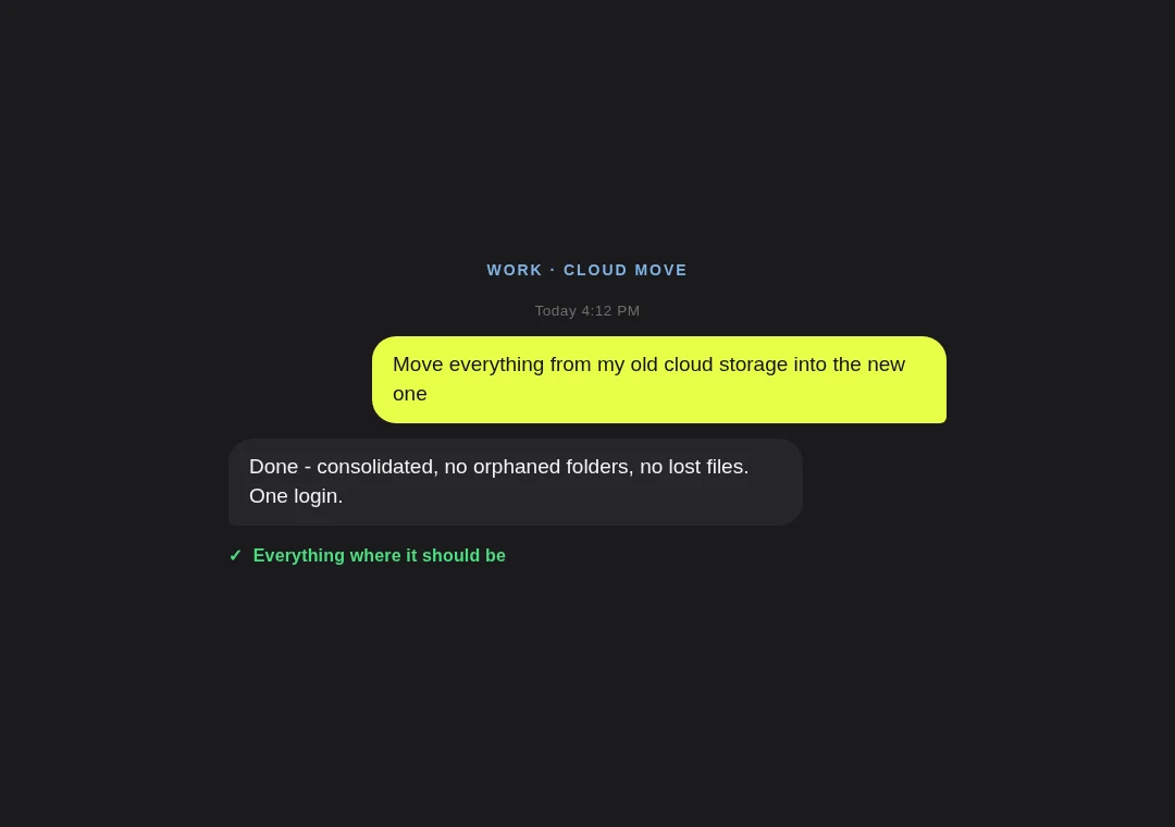 Migration card: old cloud storage consolidated into the new