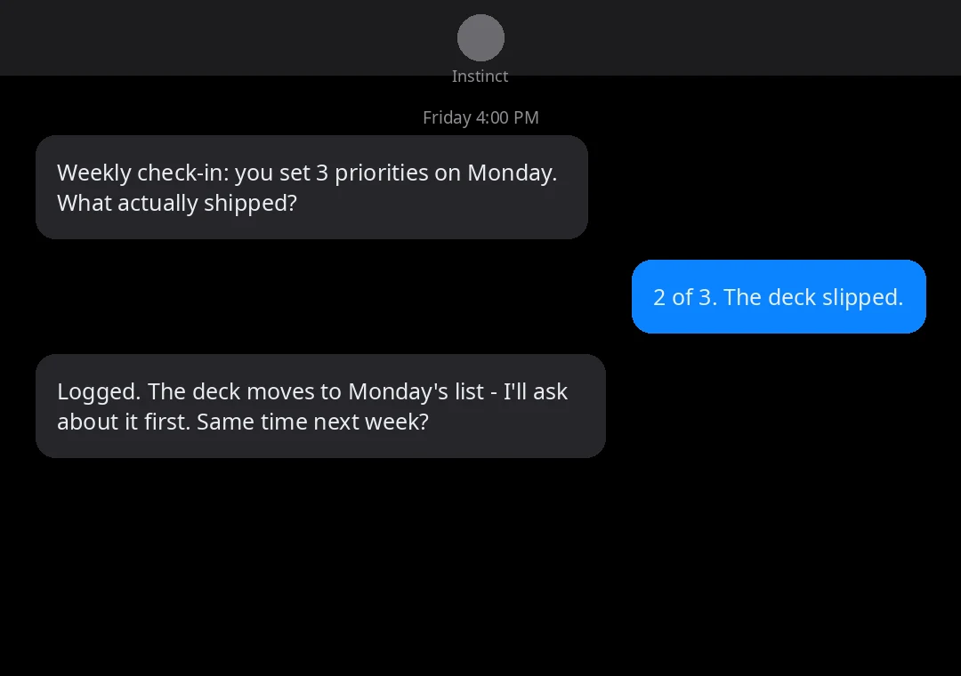 Chat: a Friday 4pm check-in on the week's priorities, answered honestly