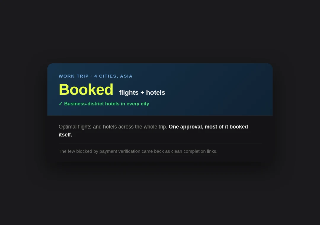 Travel card: multi-city Asia work trip, flights and business-district hotels booked
