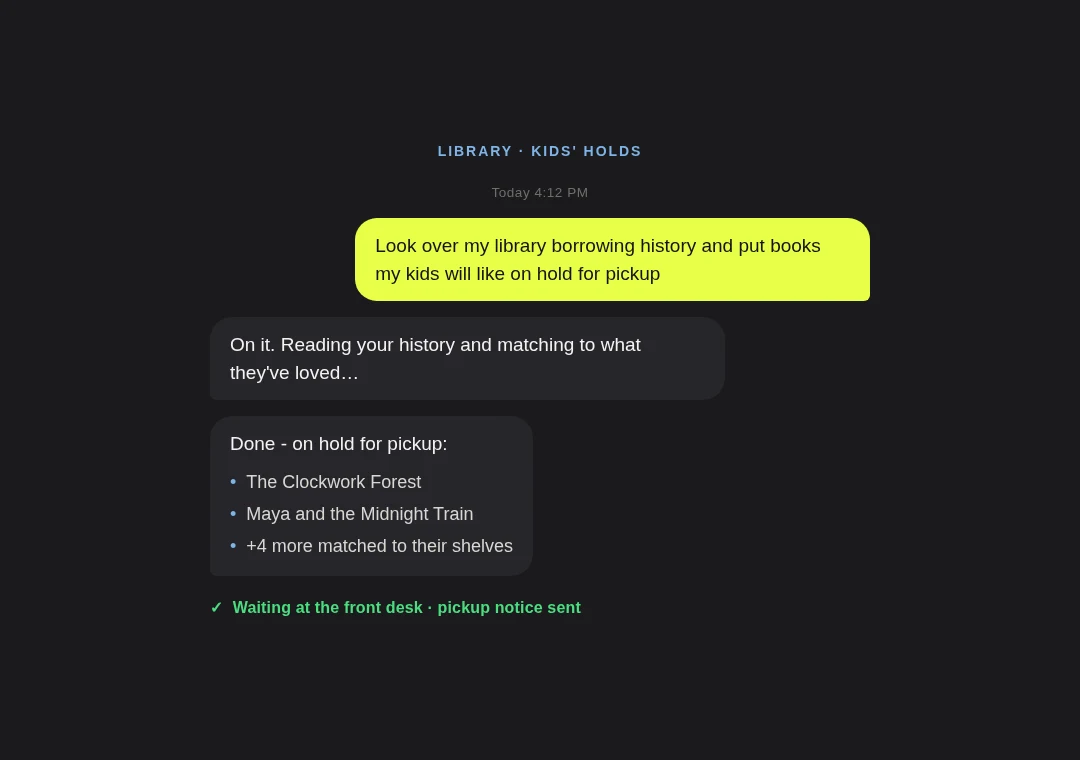 Family card: library books for the kids placed on hold for pickup