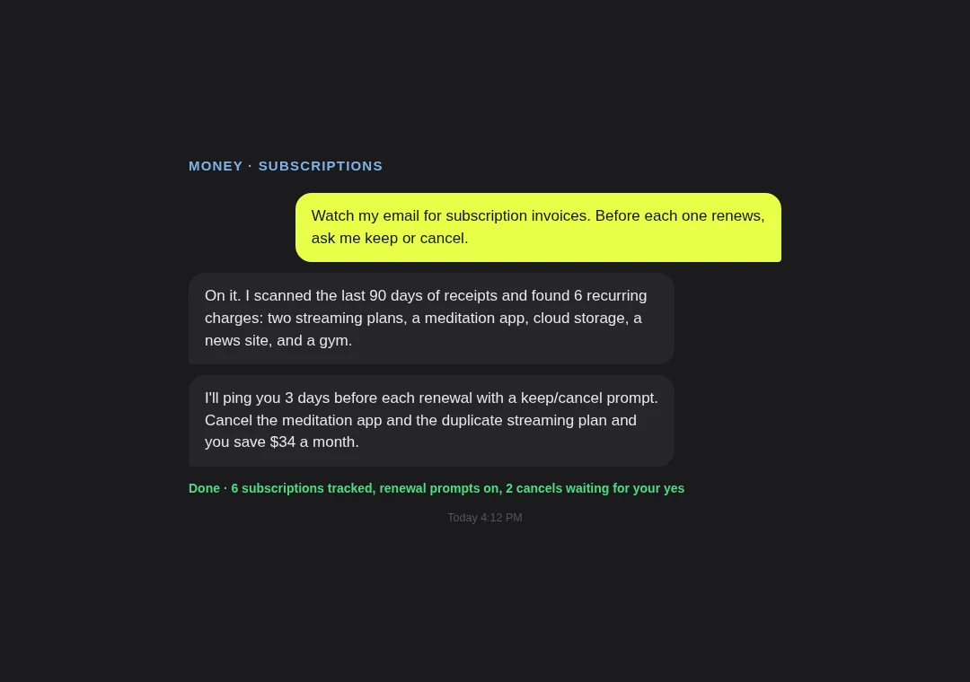 Money card: subscription invoices watched, keep or cancel before each renewal