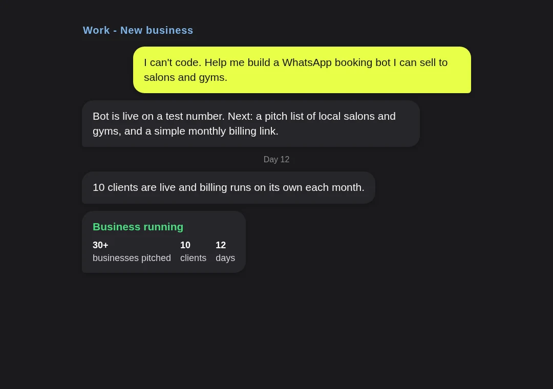 Work card: a no-code WhatsApp bot business for salons and gyms built in twelve days